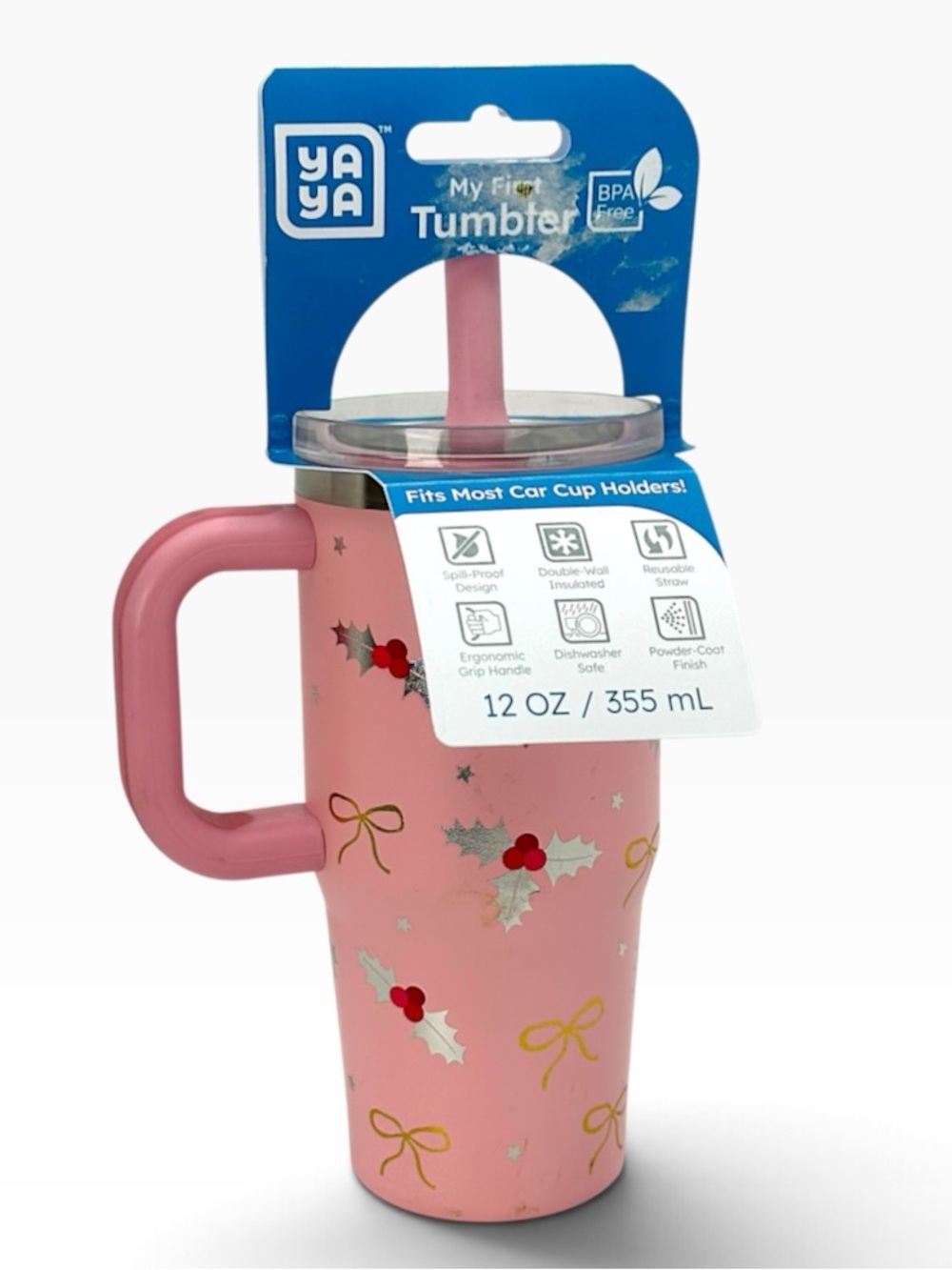 YAYA New Pink Christmas Travel Tumbler 3+ with Reusable Straw & Spill-Safe